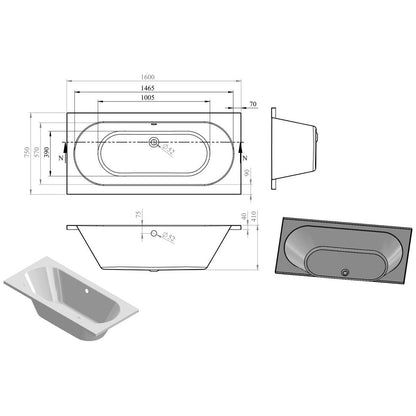 Nue Round Double End 1600x750x550mm 0TH Bath w/Legs