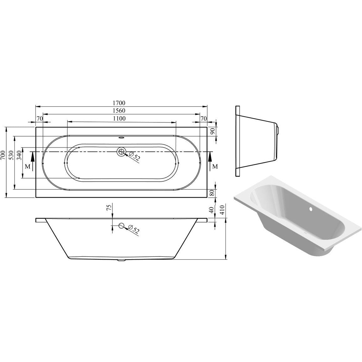 Nue Round Double End SUPERCAST 1700x750x550mm 0TH Bath w/Legs