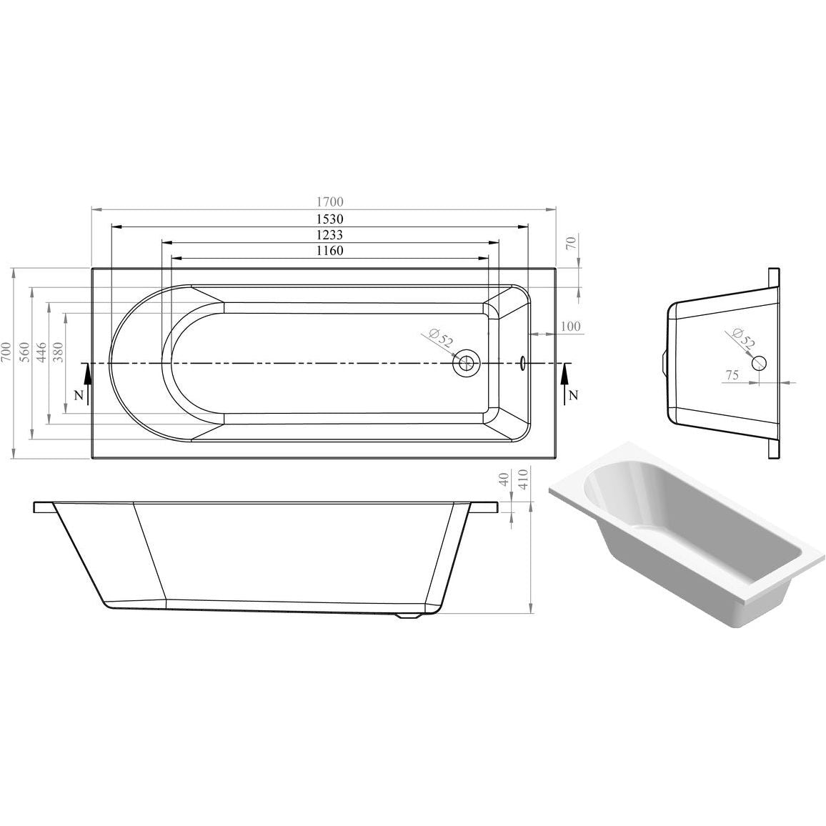 Nue Round Single End 1700x700x550mm 0TH Bath w/Legs