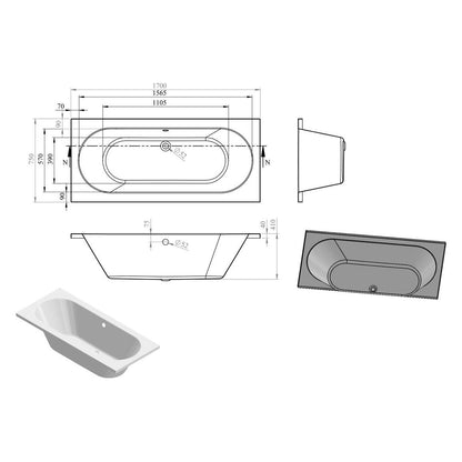 Nouvelle baignoire ronde double extrémité SUPERCAST 1700x750x550mm 0TH avec pieds