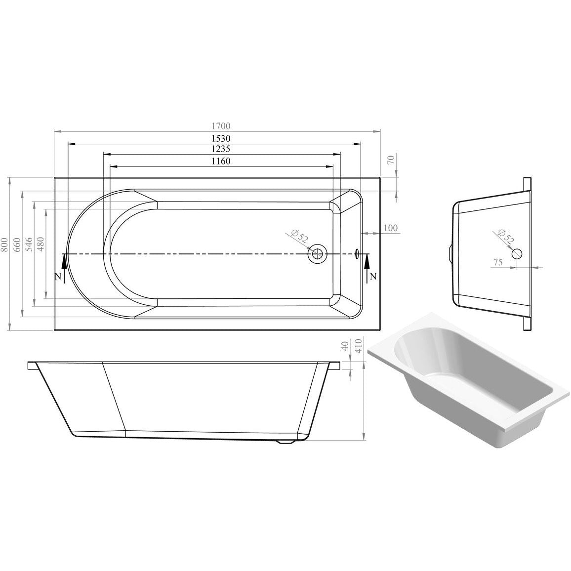 Nue Round Single End 1700x800x550mm 0TH Bath w/Legs