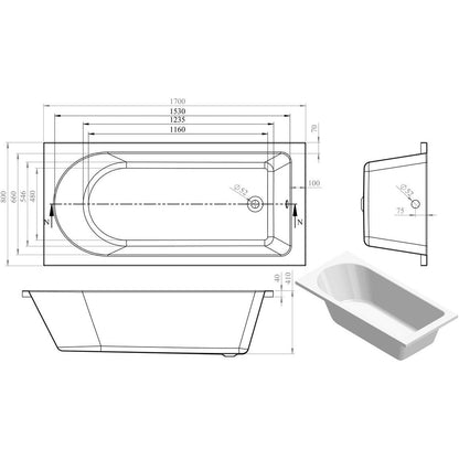 Nue Round Single End 1700x800x550mm 0TH Bath w/Legs