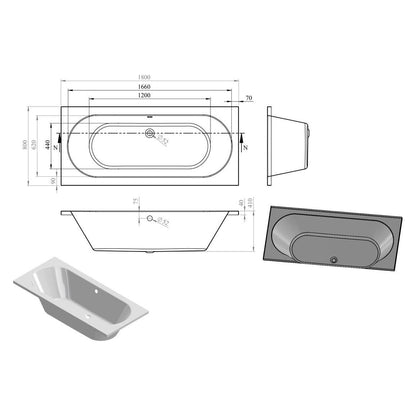 Nouvelle baignoire ronde double extrémité 1800x800x550mm 0TH avec pieds