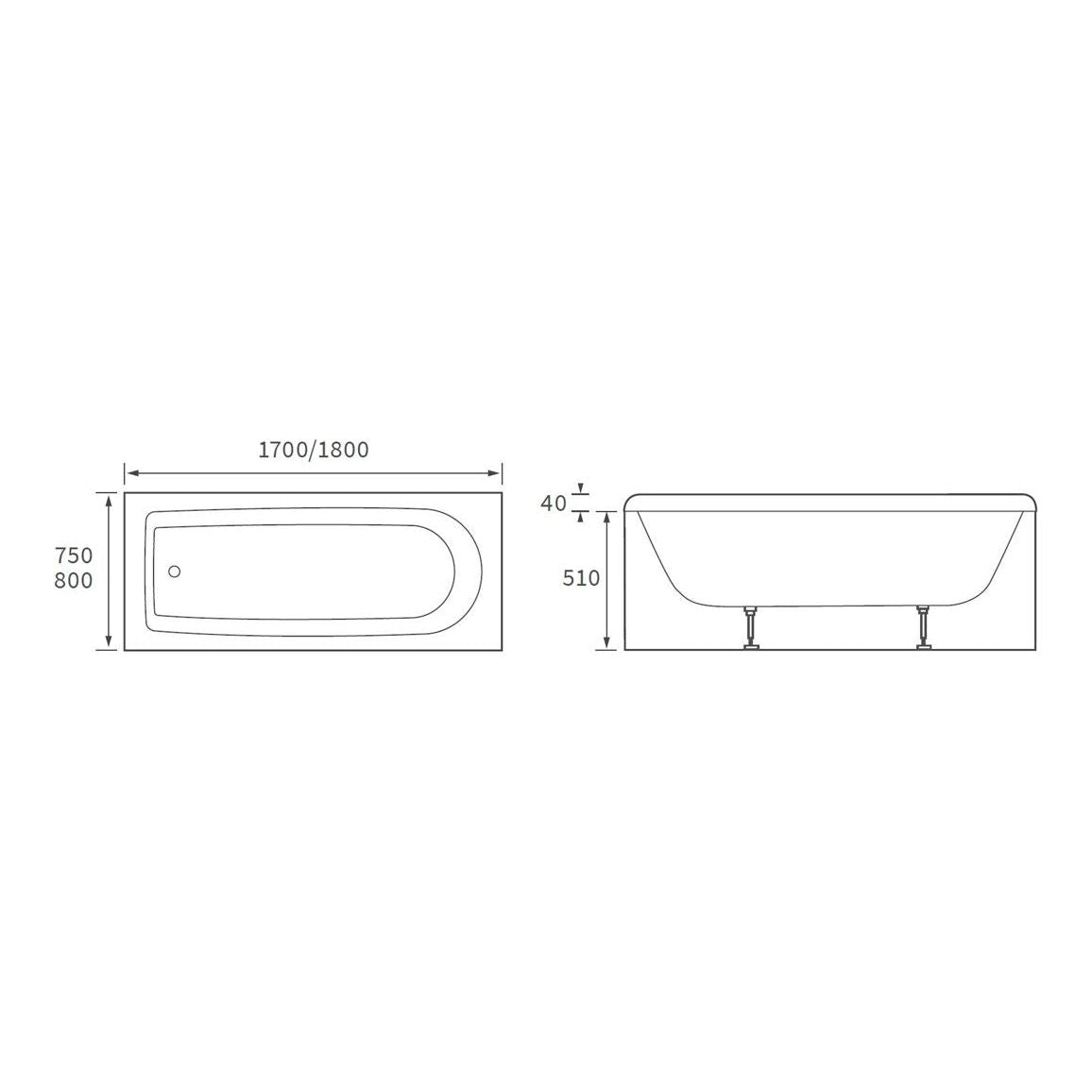 Nue Round Single End 1700x800x550mm 0TH Bath w/Legs