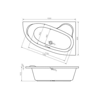 Baignoire d'angle décalée Sambreiro 1500x950x600mm 0TH avec pieds (RH)