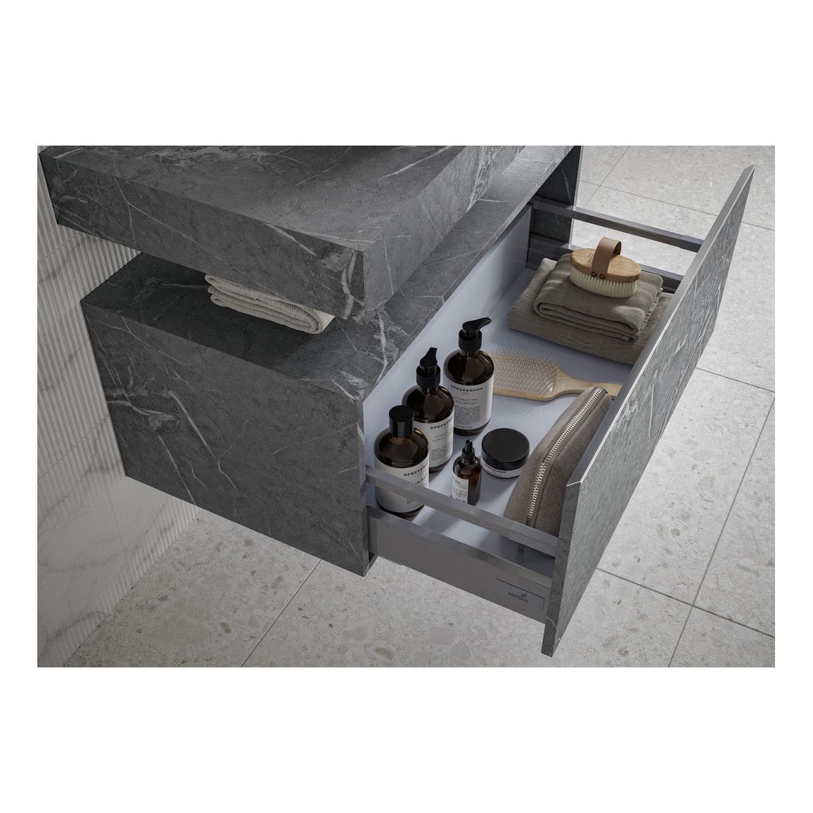 Hayes 800mm Wall Hung Grey Marble Basin Shelf & Black Bottle Trap