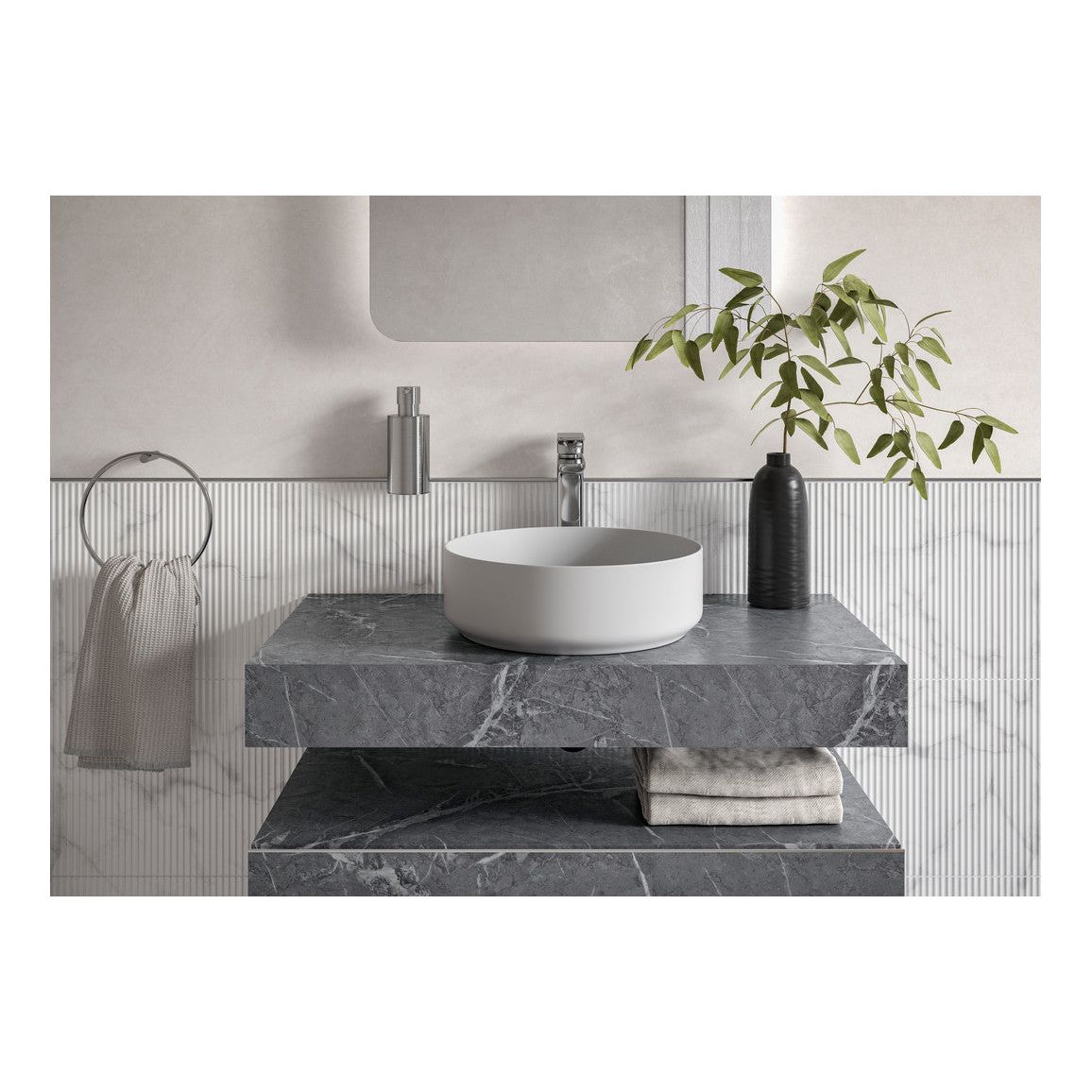Hayes 600mm Wall Hung Grey Marble Basin Shelf & Brushed Brass Bottle Trap