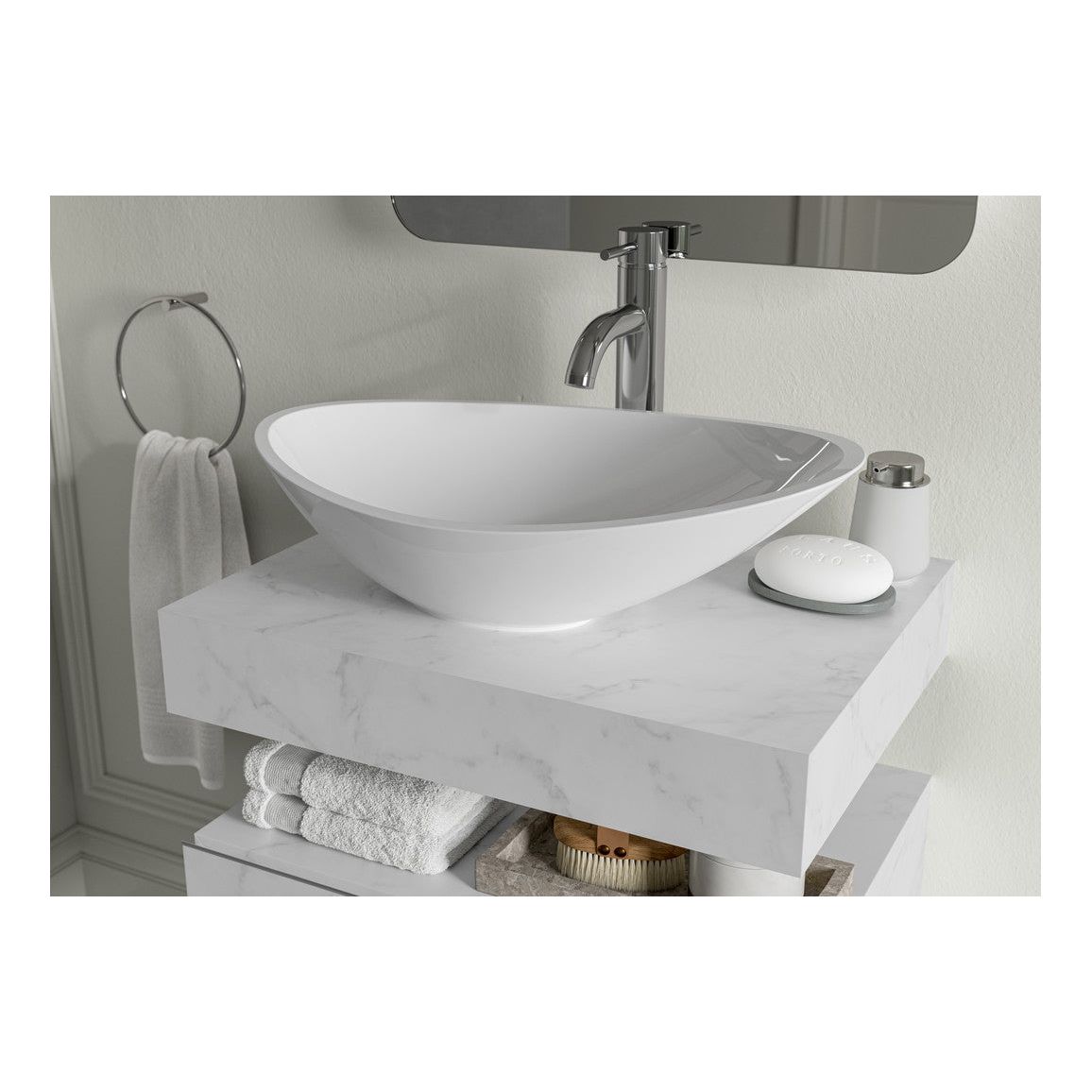 Hayes 600mm Wall Hung White Marble Basin Shelf & Brushed Brass Bottle Trap