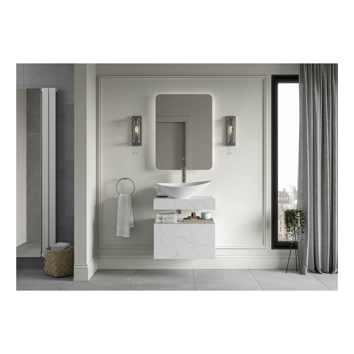 Étagère murale pour lavabo en marbre blanc Hayes de 600 mm et siphon à bouteilles chromé