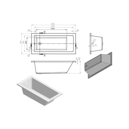 Ona Square Single End 1500x700x550mm 0TH Bath w/Legs