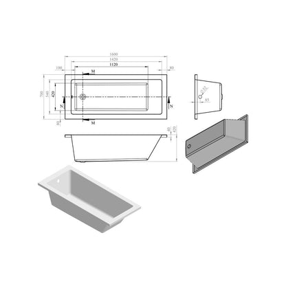 Ona Square Single End 1600x700x550mm 0TH Bath w/Legs