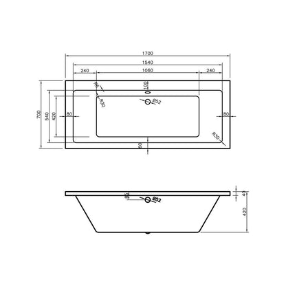 Ona Square Double End 1700x700x550mm 0TH Bath w/Legs