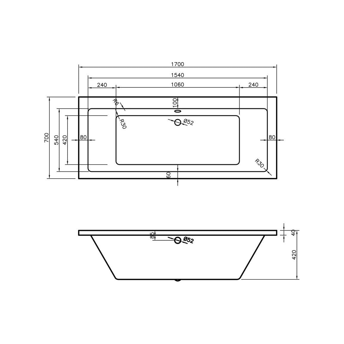 Ona Cuadrado Doble Extremo SUPERCAST 1700x750x550mm 0TH Bañera c/Patas