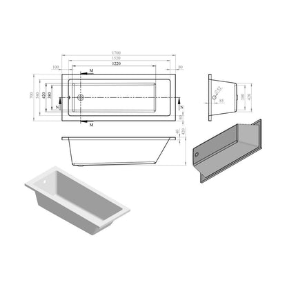 Baignoire Ona Square Single End 1700x700x550mm 0TH avec pieds