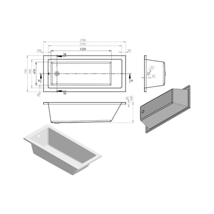 Ona Square Single End 1700x750x550mm 0TH Bath w/Legs