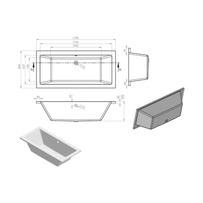 Ona Square Double End 1700x800x550mm 0TH Bath w/Legs