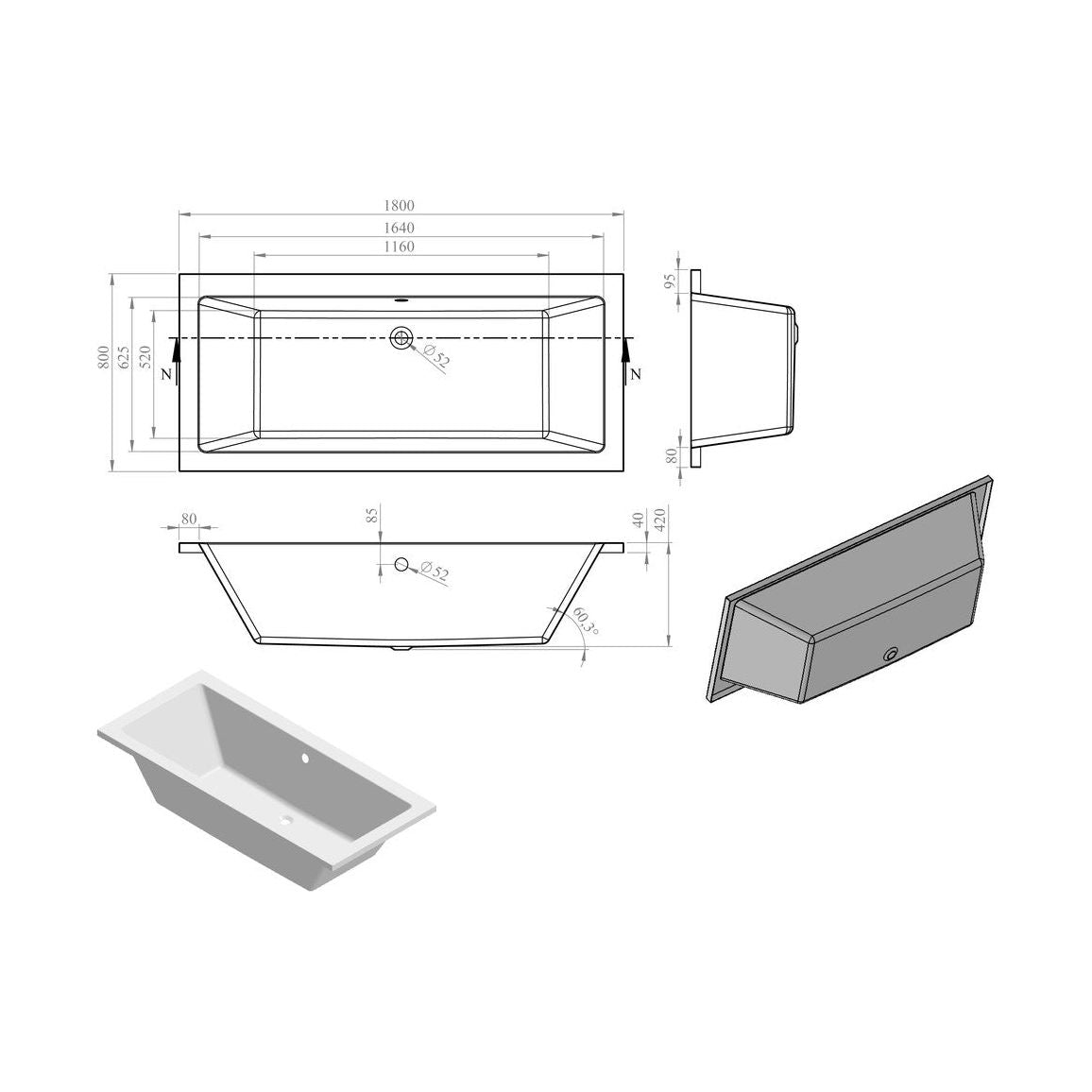 Ona Square Double End 1800x800x550mm 0TH Bath w/Legs