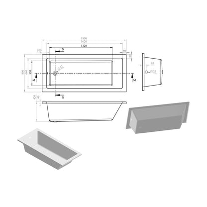 Ona Square Single End 1800x800x550mm 0TH Bath w/Legs