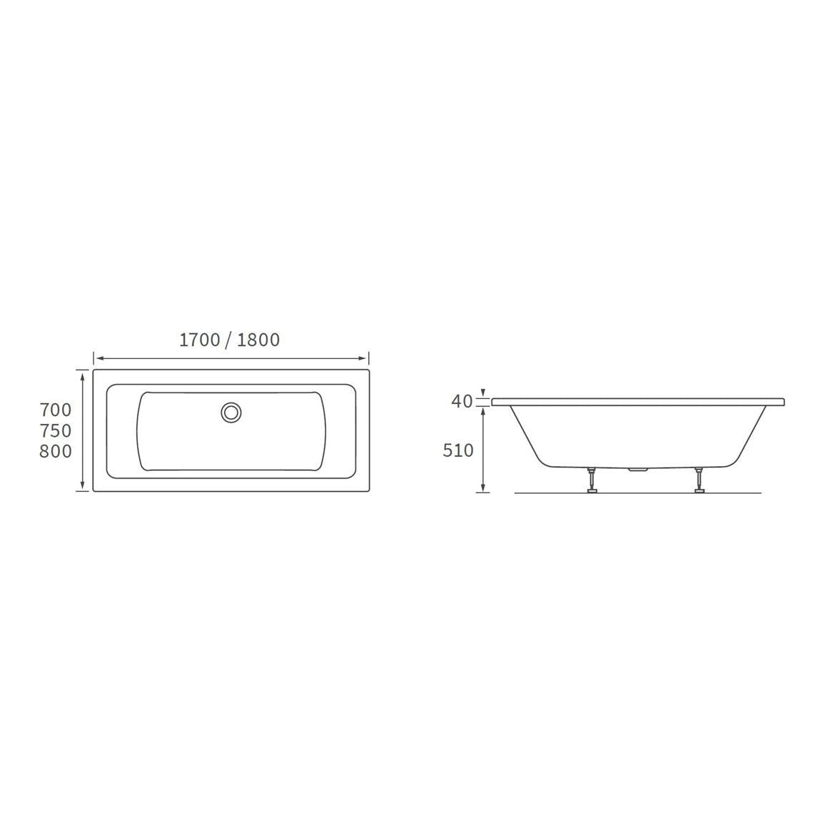 Ona Square Double End 1700x700x550mm 0TH Bath w/Legs