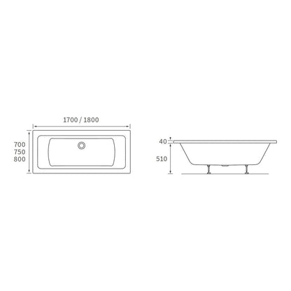 Ona Square Double End 1700x700x550mm 0TH Bath w/Legs