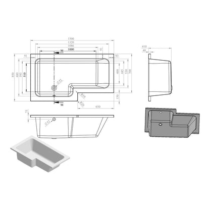 Ona L Forme 1500x850x560mm 0TH Pack Douche (LH)