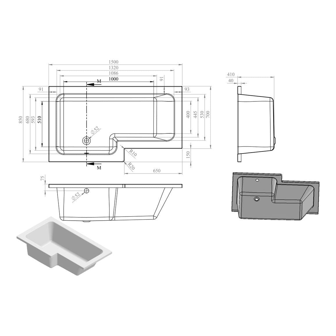 Ona L Shape 1500x850x560mm 0TH Bath w/Legs (LH)