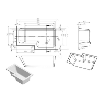 Ona L Shape 1500x850x560mm 0TH Shower Bath Pack (RH)