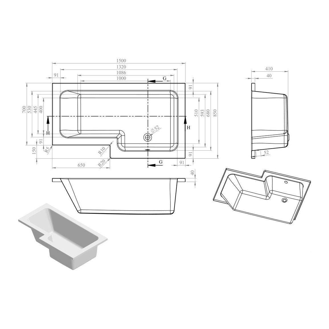 Ona L Shape 1500x850x560mm 0TH Bath w/Legs (RH)