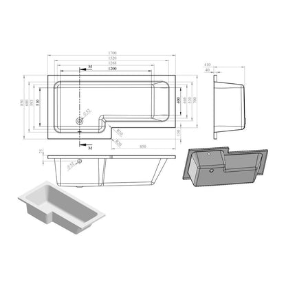 L-Shape 1700x700-850x410mm 0TH Shower Bath, Panel & Screen (LH)