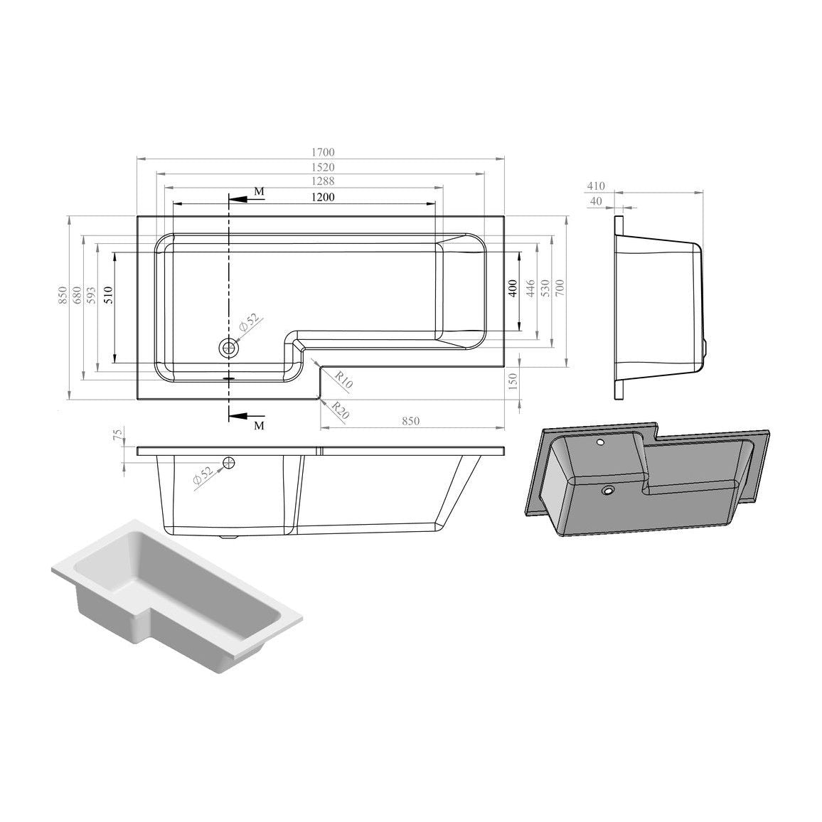 Ona L Shape SUPERCAST 1700x850x560mm 0TH Pack Douche (LH)