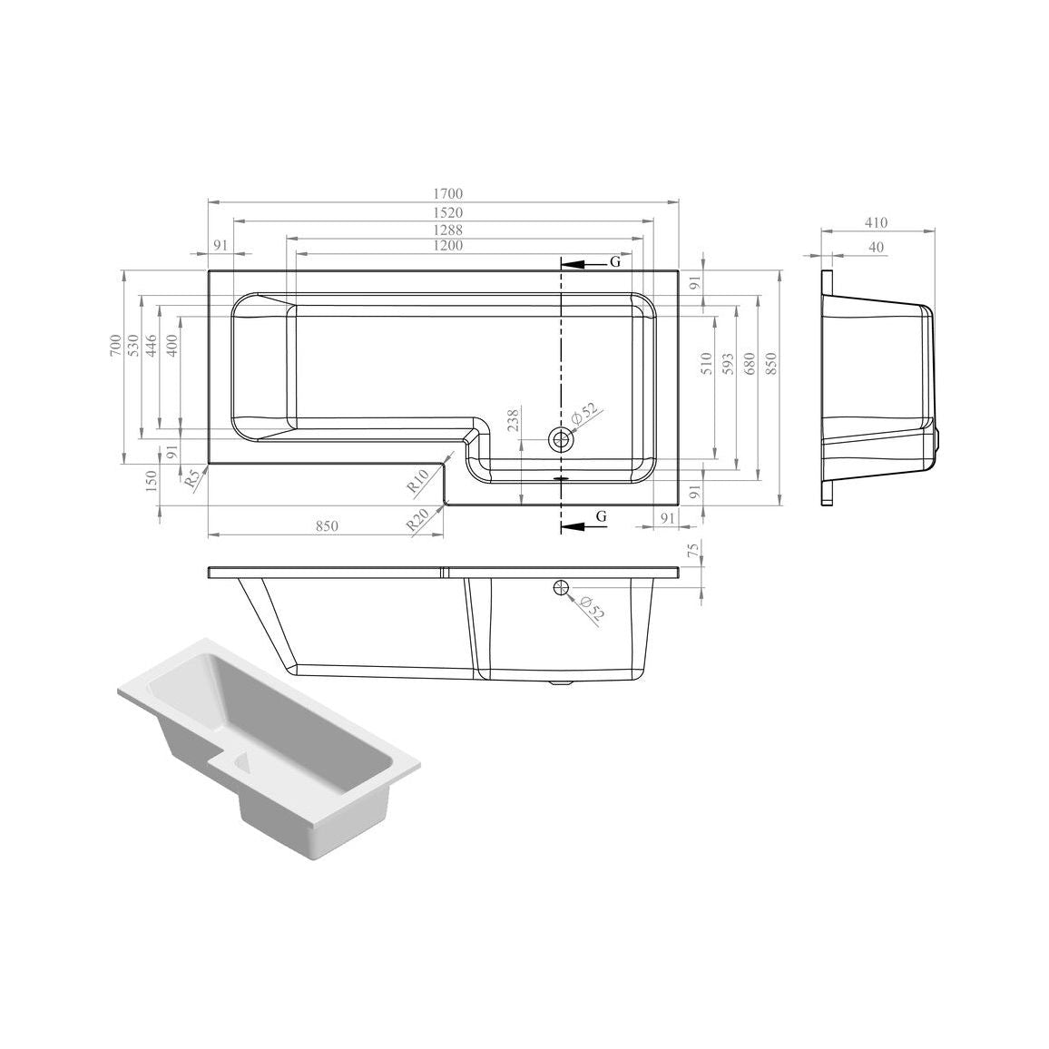 Ona Forme L SUPERCAST 1700x850x560mm 0TH Baignoire avec pieds (RH)