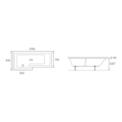 Ona L Shape 1700x850x560mm 0TH Shower Bath Pack (LH)