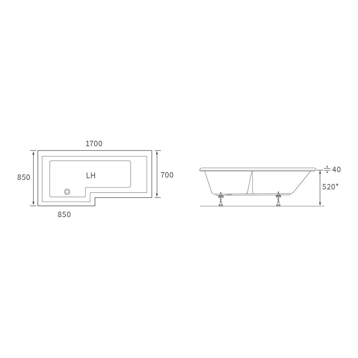 Baignoire Ona en forme de L 1700x850x560mm 0TH avec pieds (RH)