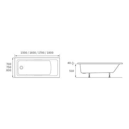 Baignoire Ona Square Single End 1700x700x550mm 0TH avec pieds