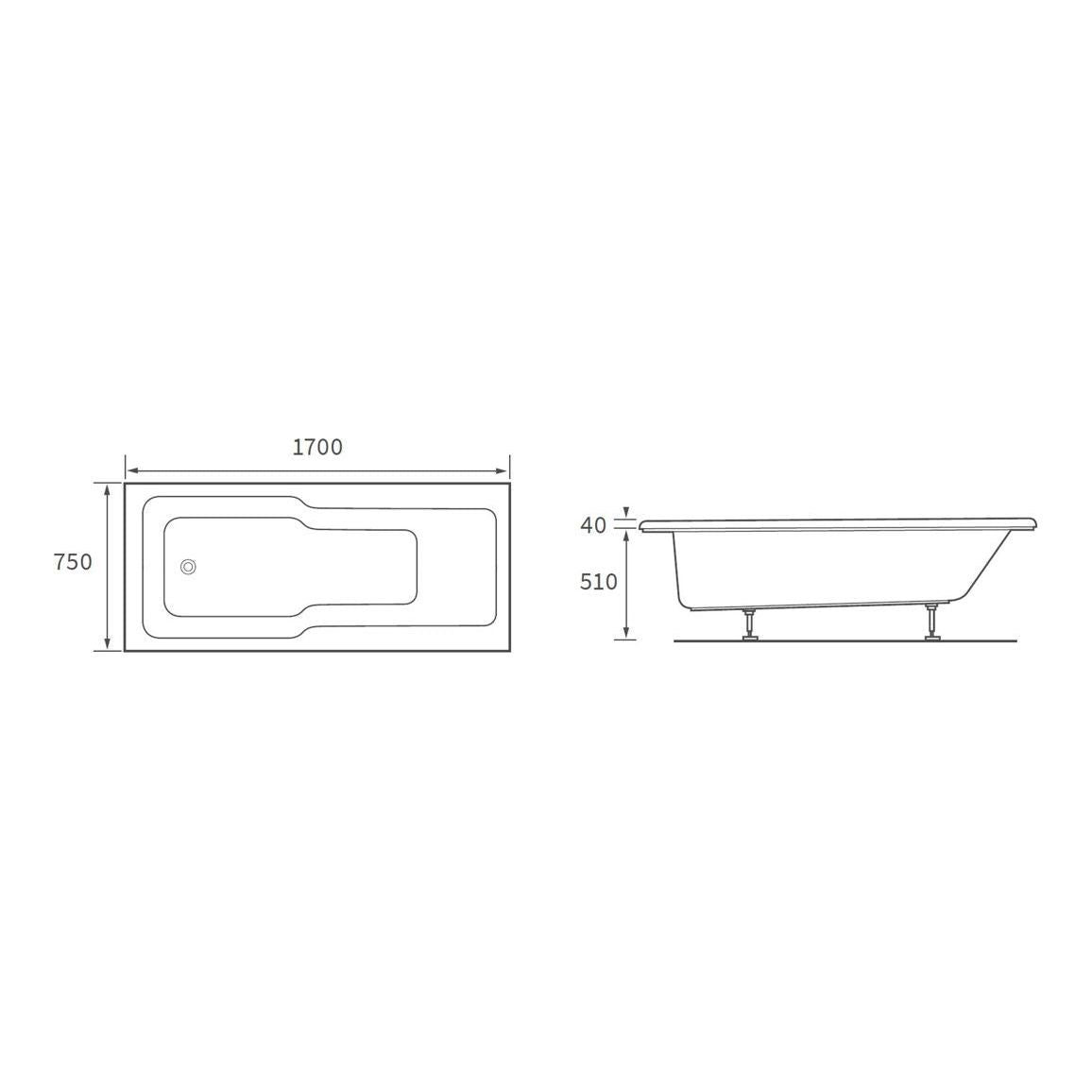 Onega Straight 1700x750x550mm 0TH "C" Shower Bath w/Legs