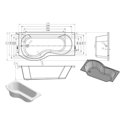 Baignoire de douche, panneau et écran en forme de P 1700x700-850x410mm 0TH (LH)