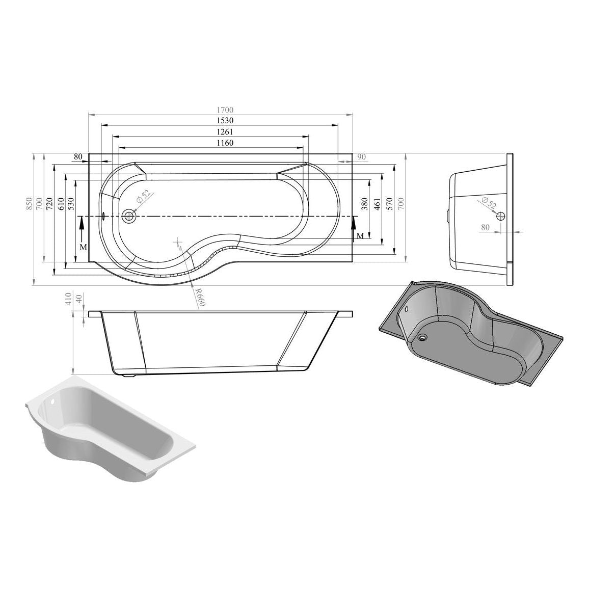 Onwul P Shape SUPERCAST 1700x850x560mm 0TH Paquete de baño de ducha (LH)