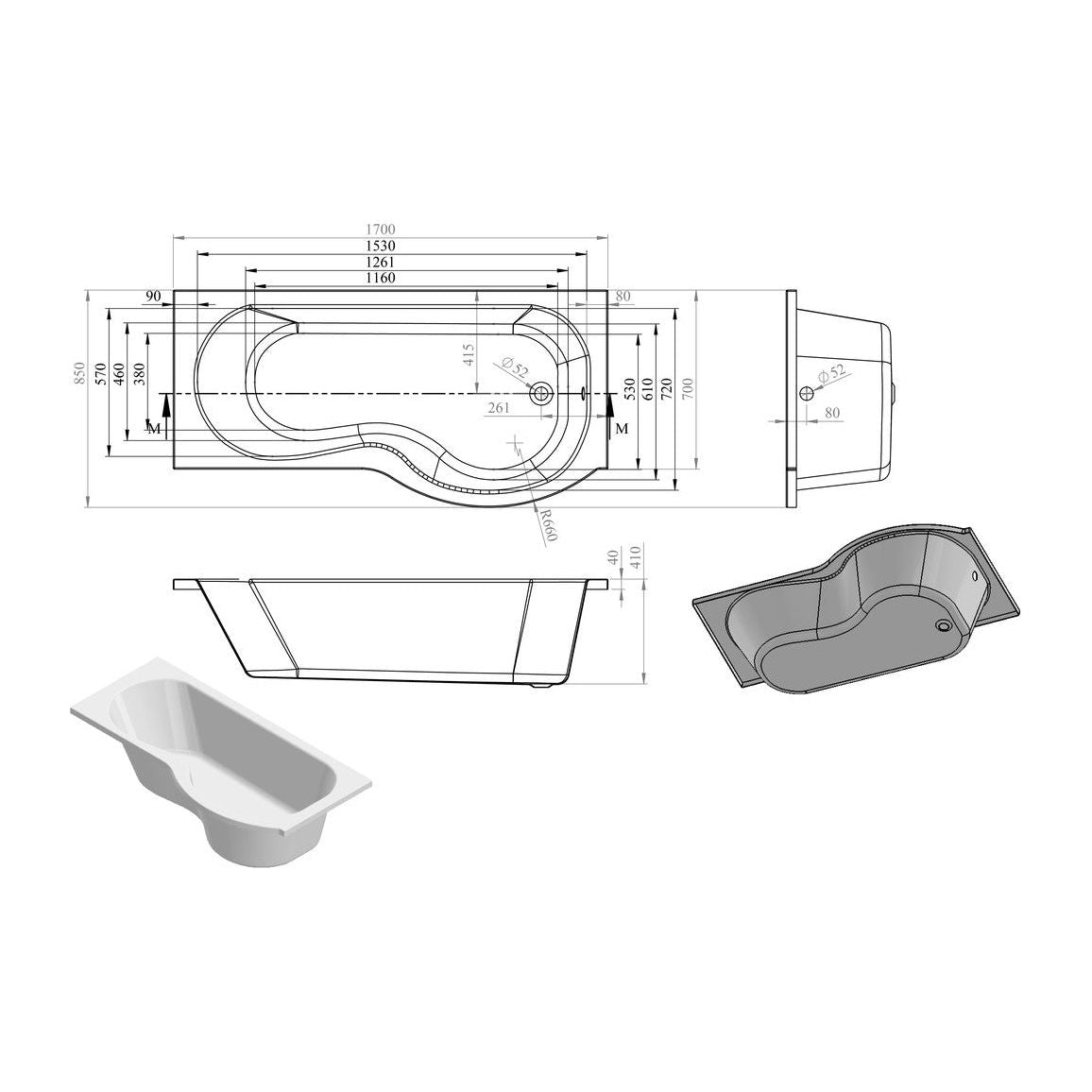 Baignoire de douche, panneau et écran en forme de P 1700x700-850x410mm 0TH (RH)