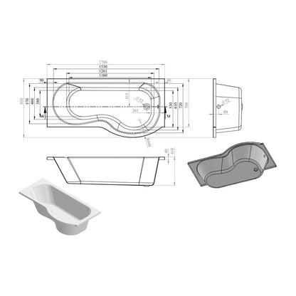 P-Shape 1700x700-850x410mm 0TH Ducha, panel y mampara (RH)