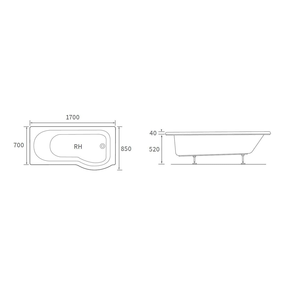 Onwul P Shape 1700x850x560mm 0TH Baignoire avec pieds (RH)