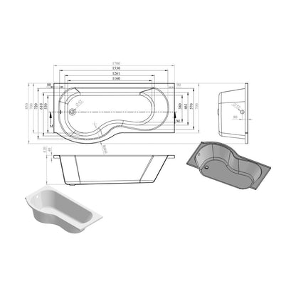 Forme P simple extrémité 1700x700-850x410mm 0TH bain uniquement (LH)