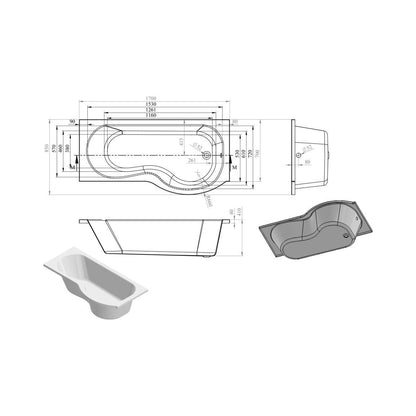 P-Shape Single End 1700x700-850x410mm 0TH Bath Only (RH)