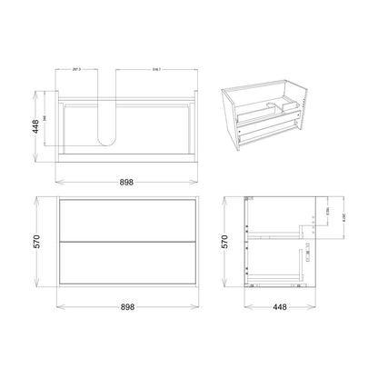 Meuble Lavabo Suspendu Façade 900 mm 2 Tiroirs (Sans Plan) - Blanc Mat