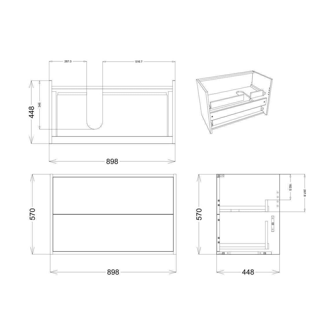Frontage 900mm 2 Drawer Wall Hung Basin Unit (No Top) - Matt Grey