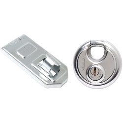 Sterling Heavy Security Disc Padlock & 120mm Disc Padlock Specific Hasp & Staple Solution Pack 70mm