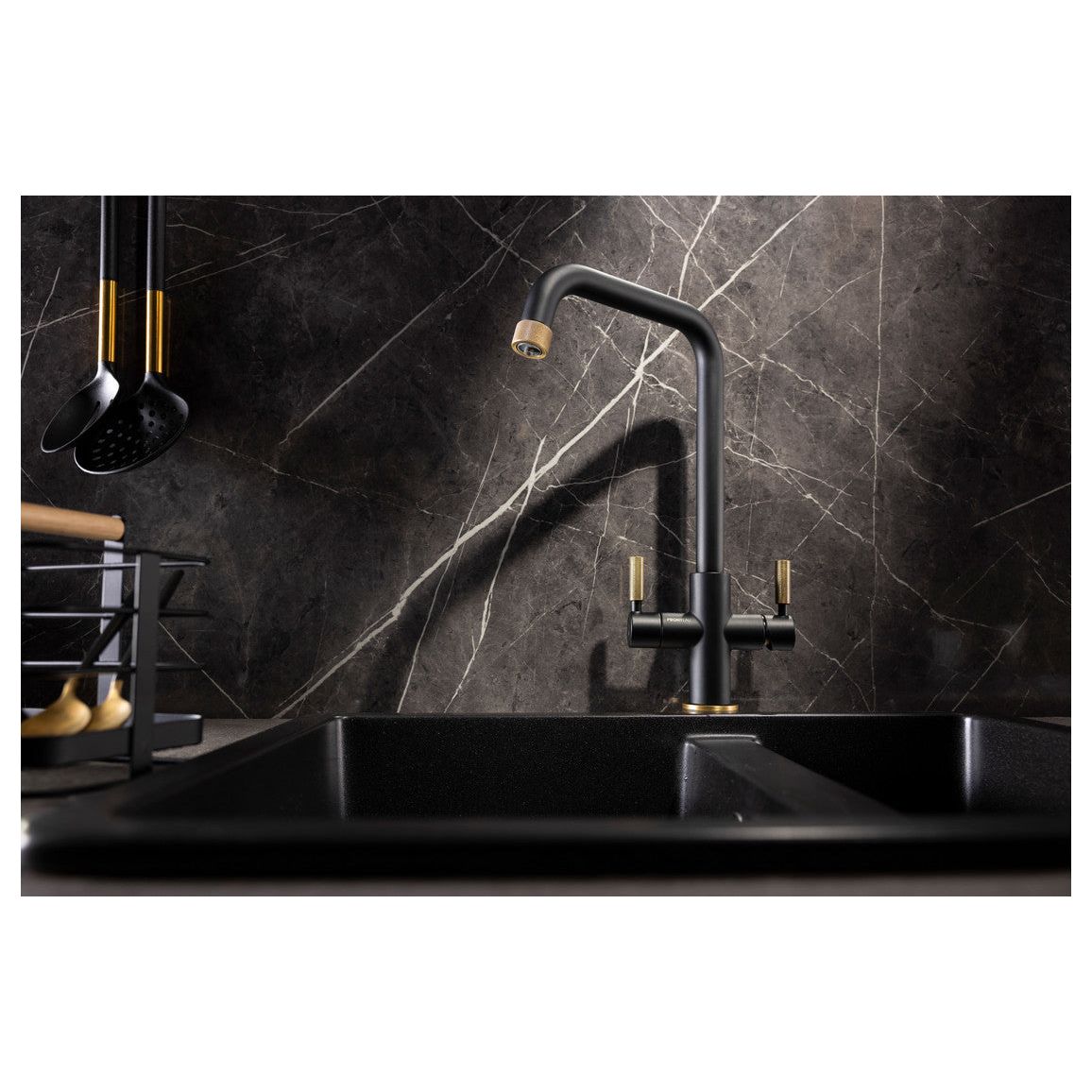 Abode Industria 3 IN 1 Monobloc Tap - Matt Black & Antique Brass