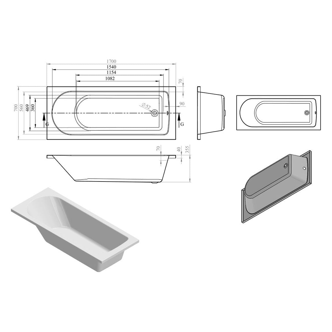 Tana D Shape Single End 1700x700x550mm 2ème baignoire avec pieds