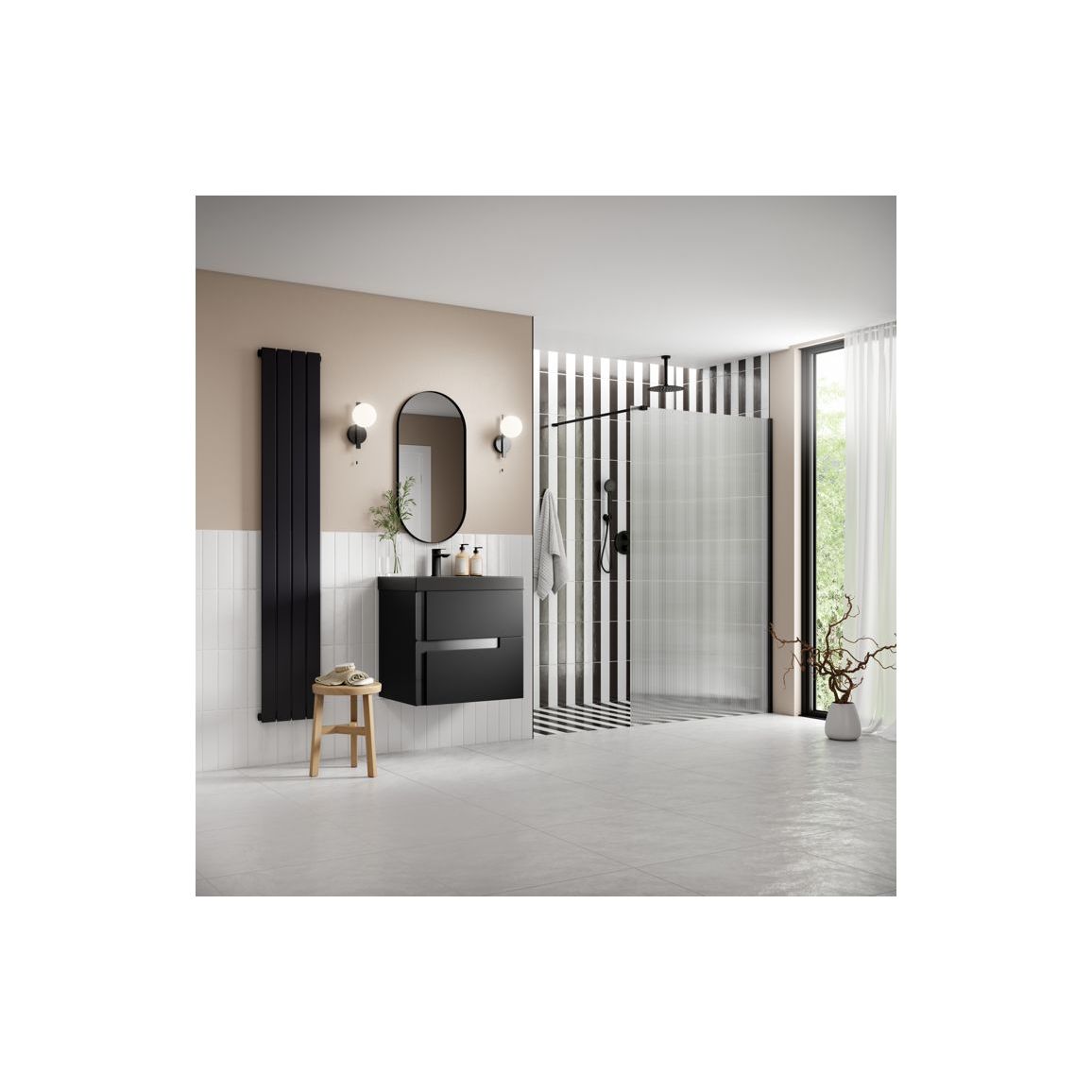 Montague 900mm Fluted Wetroom Panel & Support Bar - Black