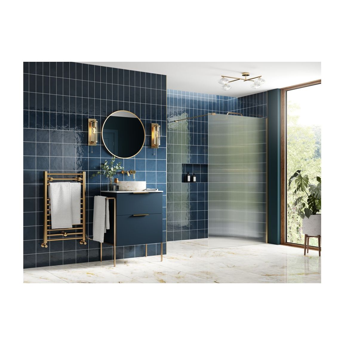 Montague 800mm Fluted Wetroom Panel & Support Bar - Brushed Brass