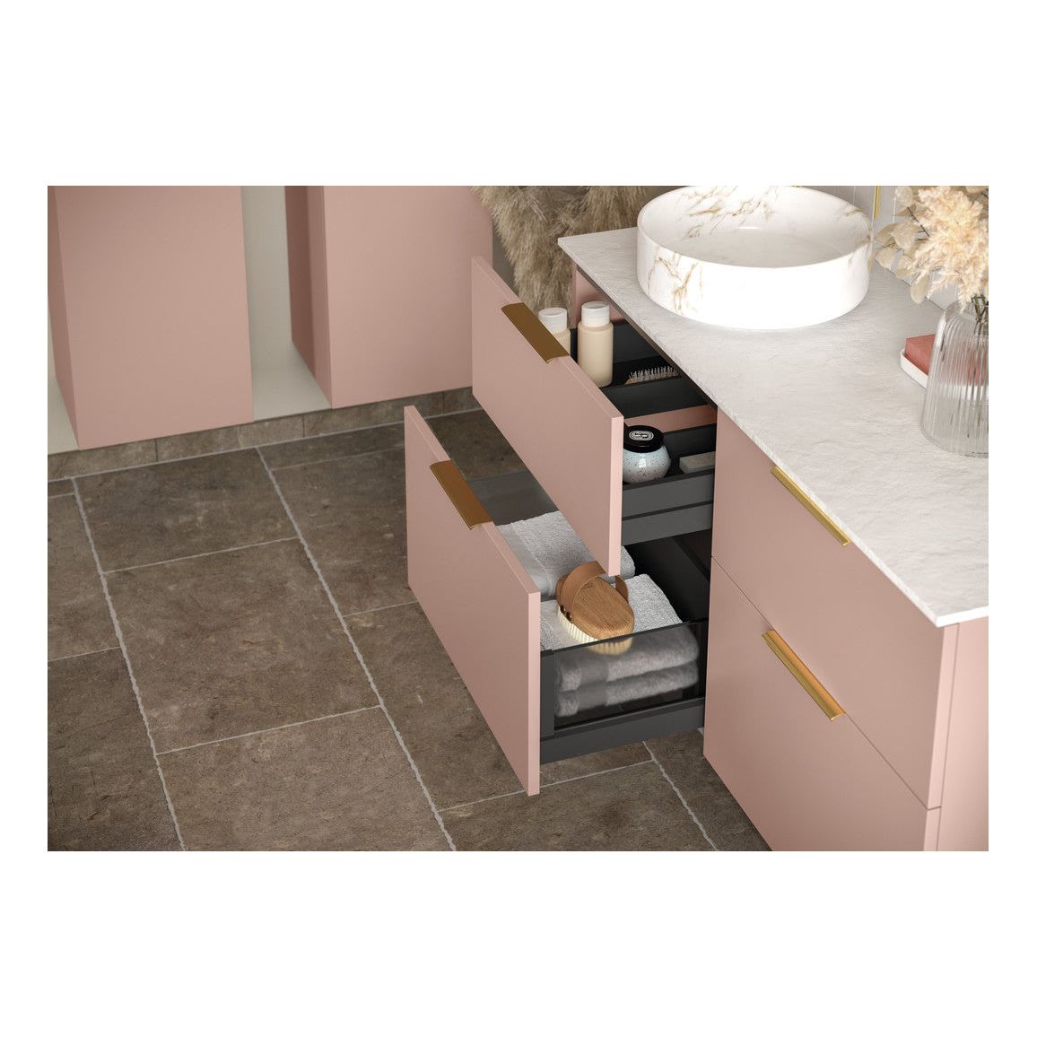 Glen 815mm Wall Hung 2 Drawer Basin Unit & Basin - Matt Antique Rose